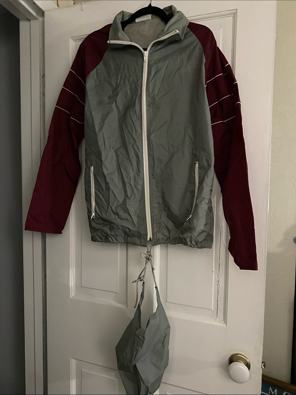 Windbreaker Jacket in Gray and Burgundy w detachable hood